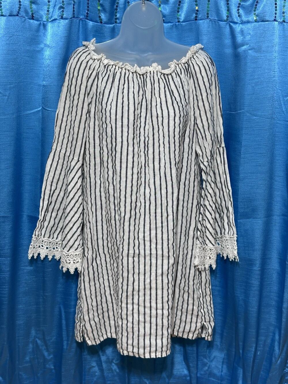 Lungo L'arno Made in Italy 100% Linen Dress Bell Sleeve White Striped Size L